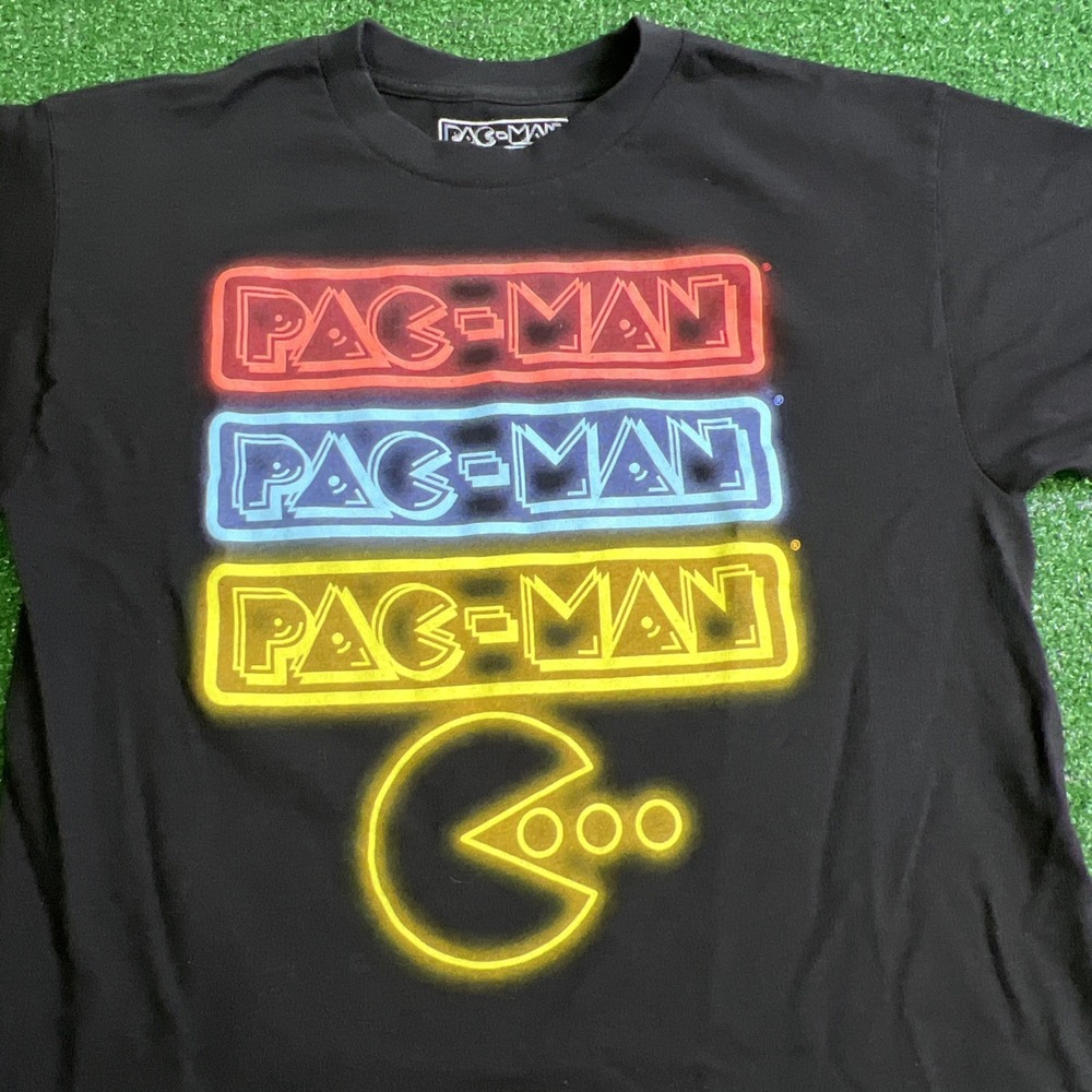 Pac-Man Neon Sign Black T-Shirt‎ Short Sleeve Mens Size Medium